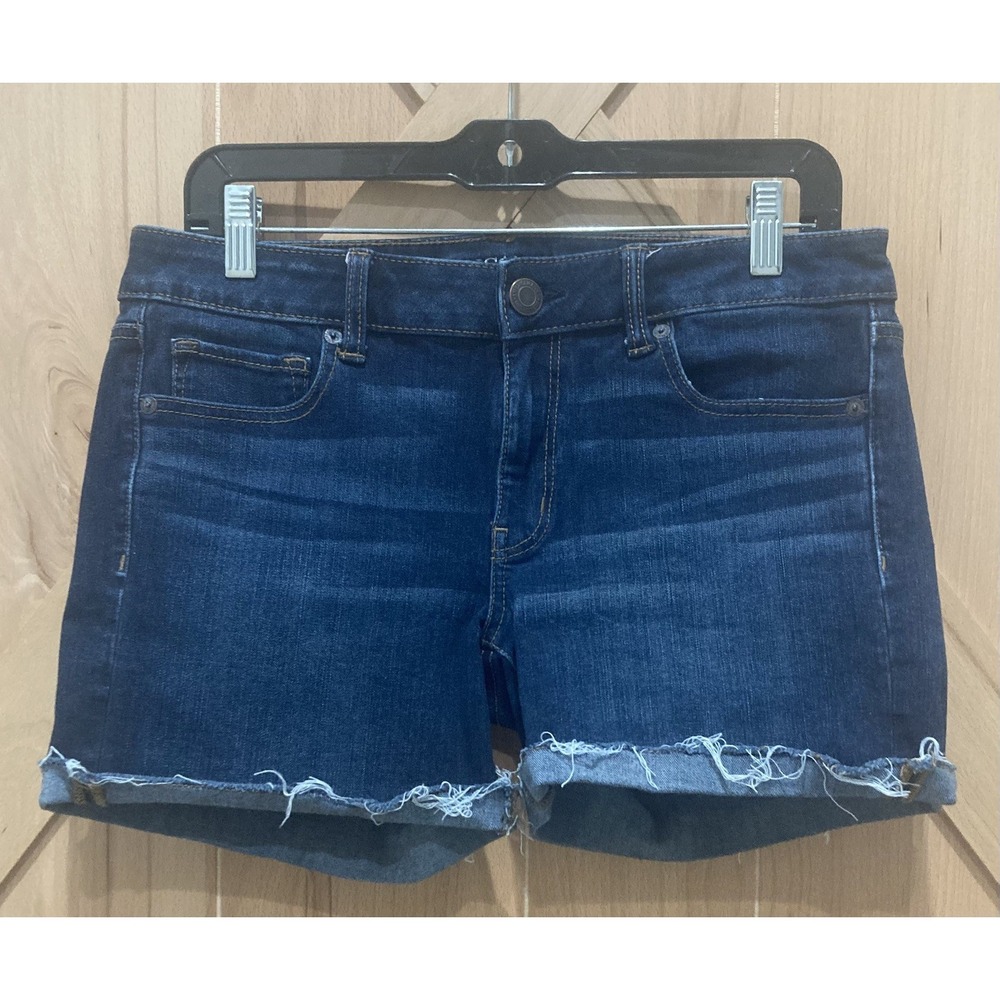American Eagle Super Stretch Midi Denim Jean Shorts Size 10 Distressed Raw Hem